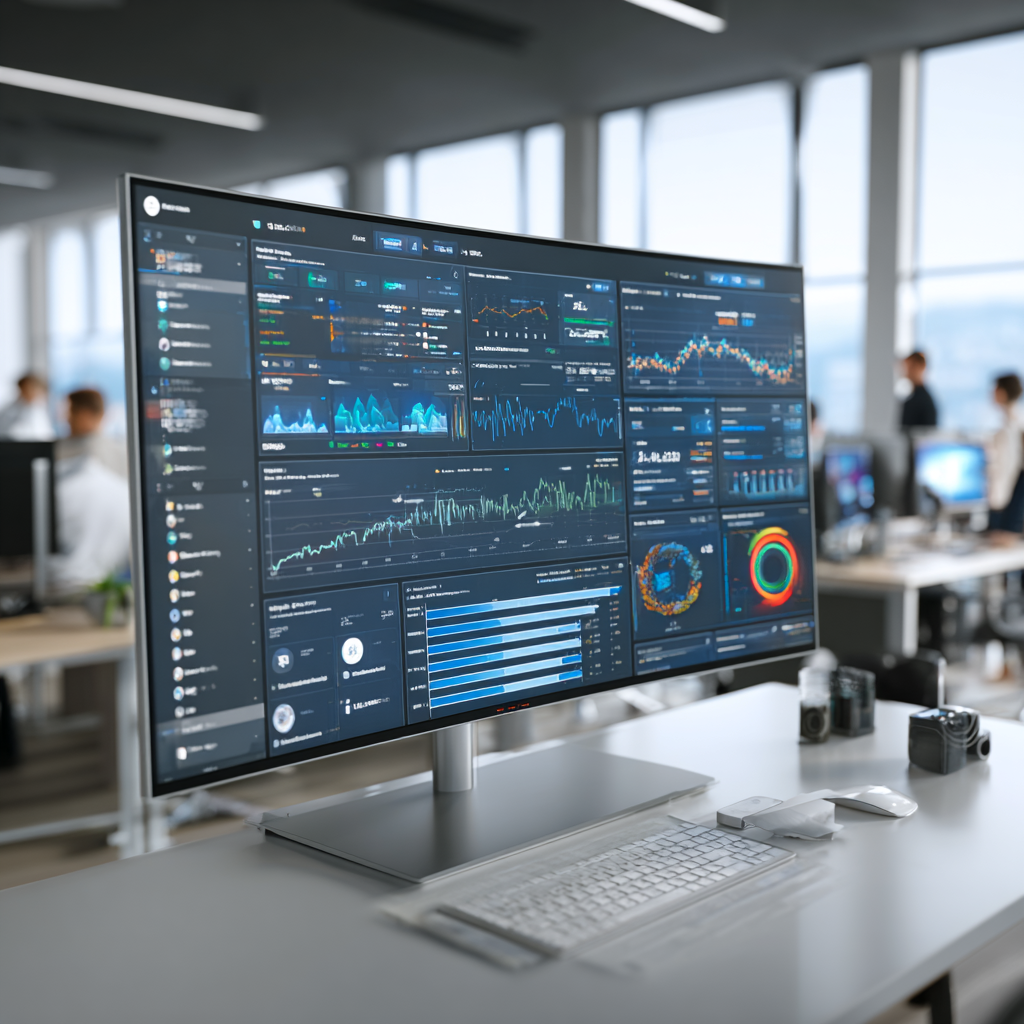 Professional office scene with insurance analytics on display